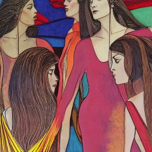 Image similar to The art installation is a beautiful work of art. The three graces are depicted as beautiful young women, each with their own unique charms. The art installation is full of color and life, and the women seem to radiate happiness and joy. hot, Tumblr by László Moholy-Nagy, by Carlos Schwabe relaxed, ultradetailed