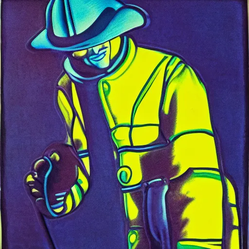 Prompt: magical realist portrait of firefighter ( 1 9 3 3 ), quinacridone magenta, titanium white, cobalt blue, strathmore 2 0 0, art nouveau etching, chiaroscuro, luminous, volumetric light