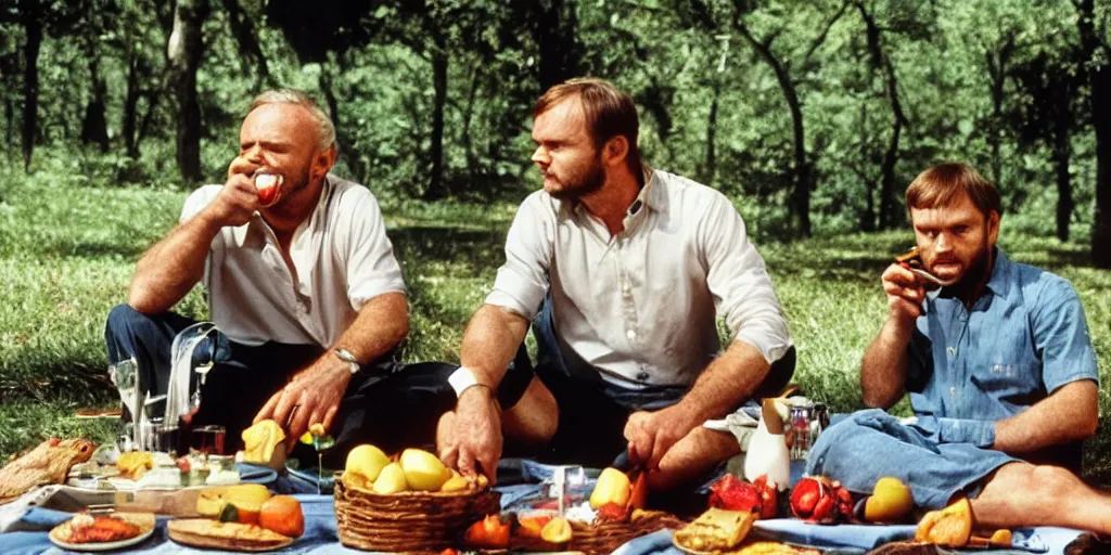 Image similar to photo of anthony hopkins and jeffrey dahmer sitting at a picnic table eating delicious fruit, hd