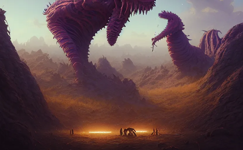 Image similar to highly detailed surreal vfx portrait of battle of colossal creatures from ancient legends, stephen bliss, unreal engine, greg rutkowski, loish, rhads, beeple, makoto shinkai and lois van baarle, ilya kuvshinov, rossdraws, tom bagshaw, global illumination, detailed and intricate environment