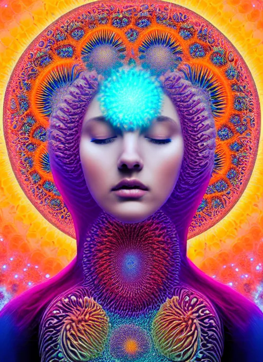 Prompt: ridiculously beautiful young woman tripping, coral fractals radiating from head with sacred geometry, natural, galaxy background, symmetrical, in the style of ernst haeckel, effervescent, warm, photo realistic, epic and cinematic,