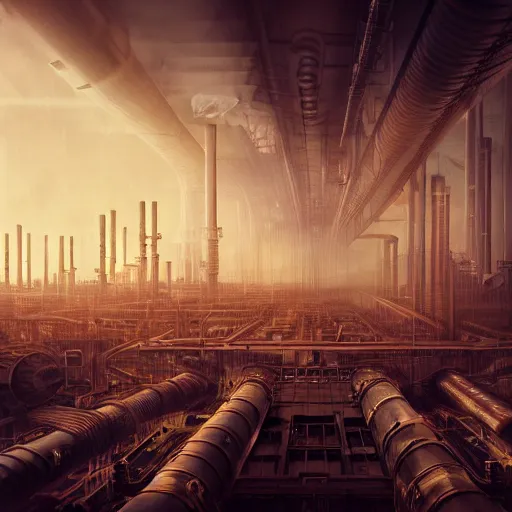 Image similar to futuristic dystopian endless, intricate, complex, labyrinthine, byzantine, tangled, industrial megafactory complex, smokestacks, pipelines and ducts and vents, matte painting, steampunk, smoke, night, gloomy, dark, dramatic, cinematic, volumetric lighting, gods eye view