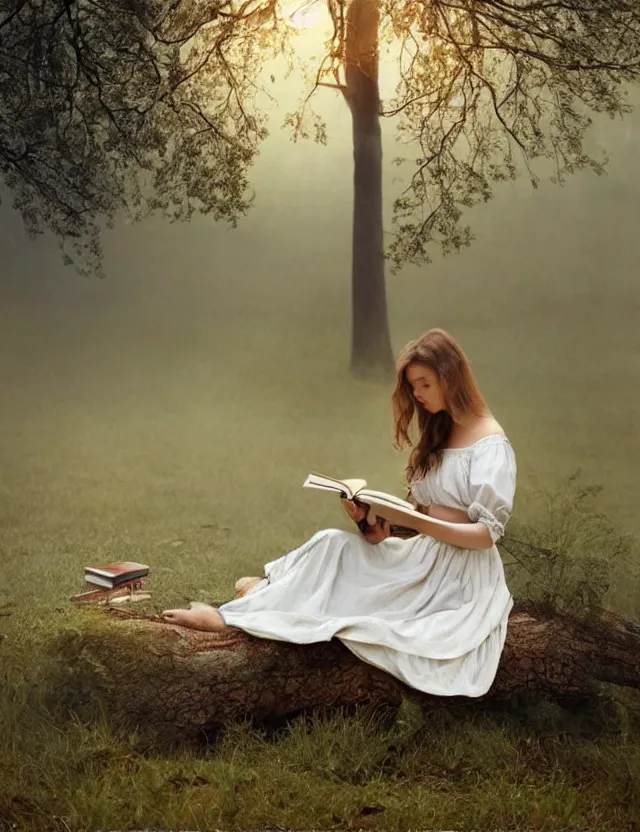 Image similar to beautiful peasant Girl in long white dress reading a book sitting on a tree in a foggy forest, Cinematic focus, Polaroid photo, vintage, neutral colors, soft lights, by Steve Hanks, by Serov Valentin, by lisa yuskavage, by Andrei Tarkovsky 8k render, detailed, oil on canvas