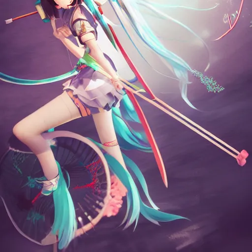 Image similar to hatsune miku and gumi archery lesson, made by stanley artgerm lau, wlop, rossdraws, artstation, cgsociety, concept art, cgsociety, octane render, trending on artstation, artstationhd, artstationhq, unreal engine, 4 k, 8 k,