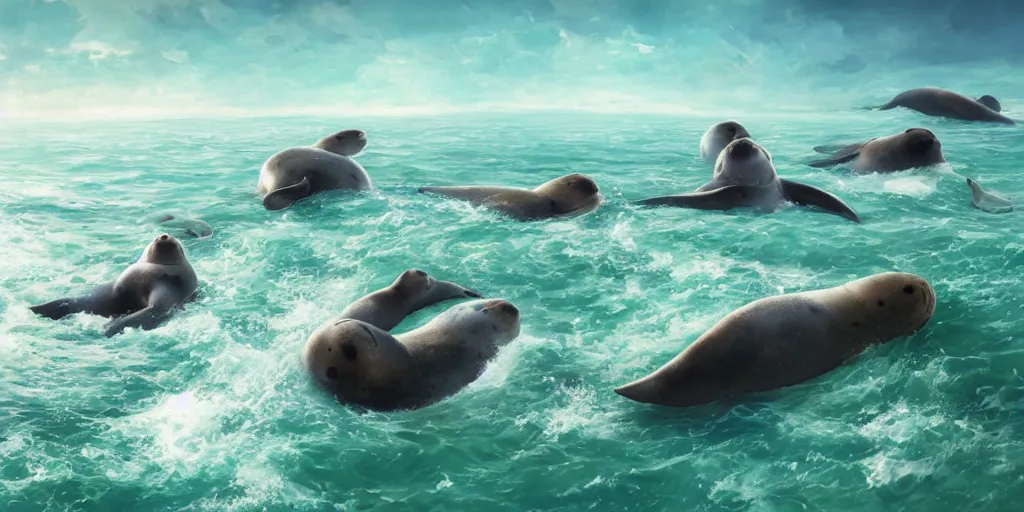 Image similar to Floating happy seals over a green ocean, Darek Zabrocki, Karlkka, Jayison Devadas, Phuoc Quan, trending on Artstation, 8K, ultra wide angle, pincushion lens effect.