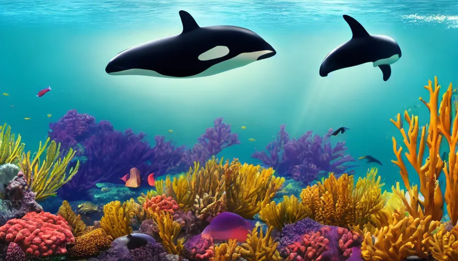 Prompt: a beautiful, noble, giant orca : 1, underwater scenery, beautiful colorful corals, african cichlids and other species of small tropical sea - life, god - rays, volumetric lighting, 8 k, digital art