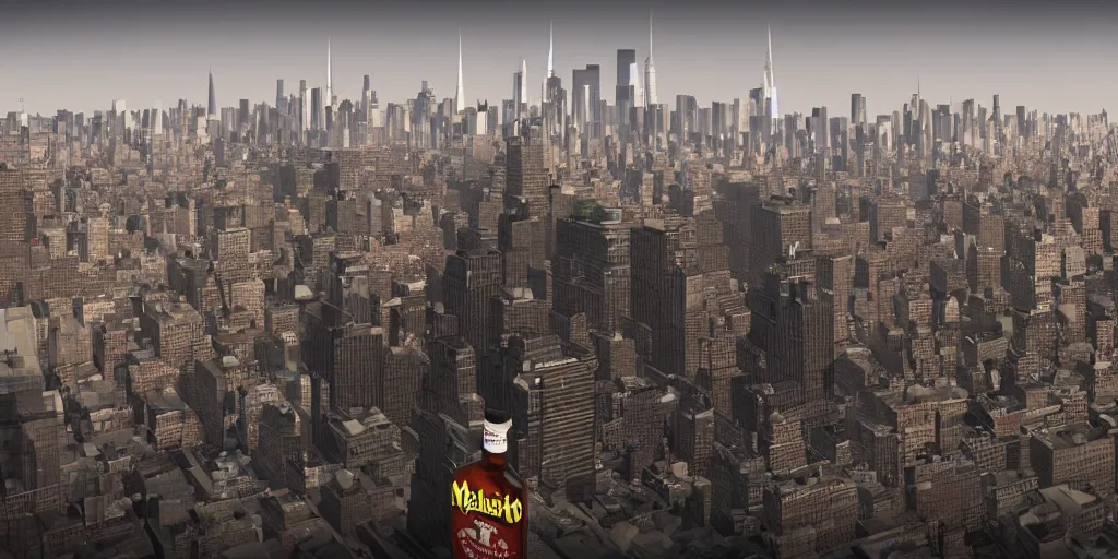 Prompt: a sentient bottle of malort destroying new york city skyline, skyline destruction, jeppsons malort, hd realistic, unreal engine, supervillain art