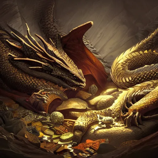 Prompt: the dragon sleeps on its piles of treasures, trending on artstation, award winning, highly detailed, dramatic lighting, 4 k