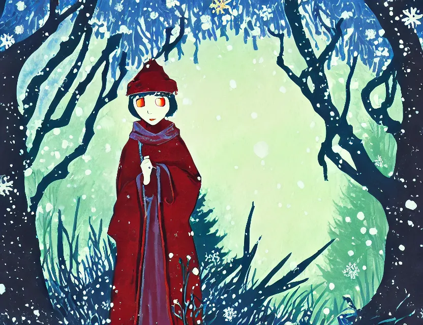 Prompt: flower priest of winter woods. gouache, limited palette with complementary colors, by award - winning mangaka, backlighting, bold composition, depth of field.