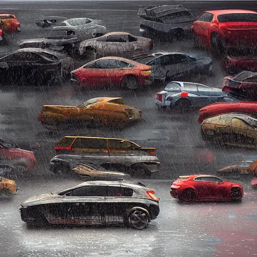 Image similar to a picture of a bunch of cars in the rain, a digital painting by scott listfield, cgsociety, sots art, apocalypse art, dystopian art, concept art