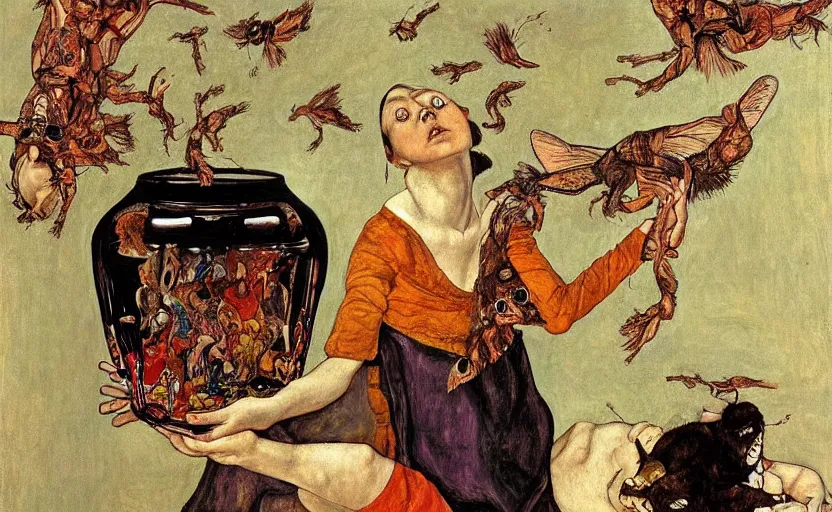 Prompt: a painting of pandora opening her jar, releasing monsters and critters that impersonate sickness and death, misery, she is fully dressed, in the style of realism and a masterpiece by artemisia gentileschi and egon schiele, critters flying around, the jar is clearly visible