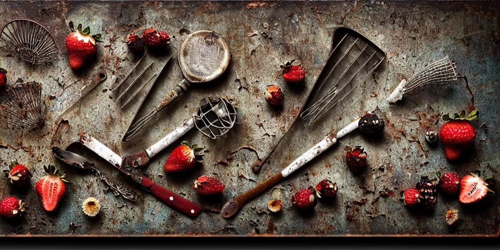 Image similar to side view, decaying rotting strawberry and blackberry, moldy, on an antique distressed table top, dried flowers, metal kitchen utensils, old kitchen backdrop, dark kitchen, style by peter lippmann, intricate detail,