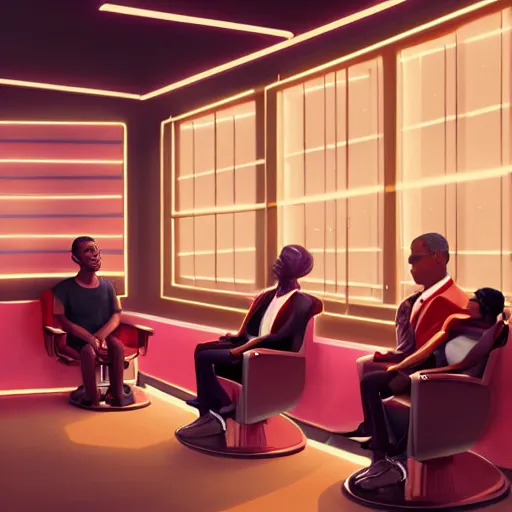 Image similar to illustration of nicki minaj sitting next to barack obama in a barbershop. symmetry, cinematic scene. ambient lighting, brownish colors, hyper detailed. octane render. concept art. trending on artstation.