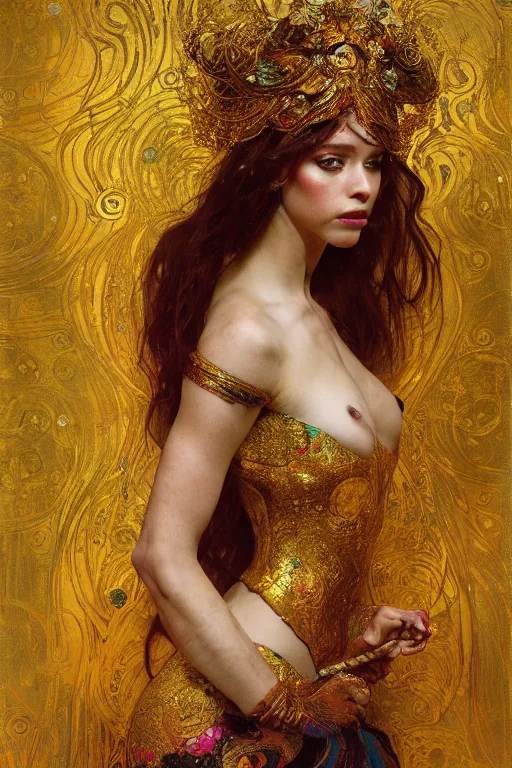 Prompt: an intricate painting of a beautiful young lady with an artistic sensual pose with klimt golden motives and textures, hyper detailed, ornamental gold headpiece, octane render, vivid colors, artstation, by jeremy mann, by alphonse mucha, by boris vallejo