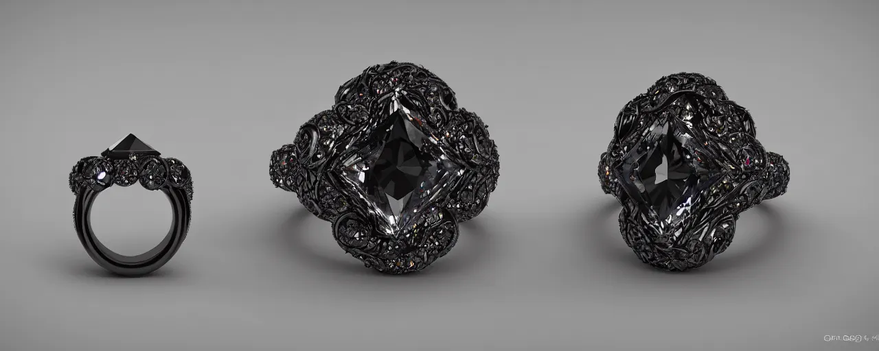 Image similar to black magic crystal ring, fire, flame, crystal, engravings, diamonds, product design, jewelry, colorful, art by gerald brom, greg rutkowski and artgerm, photo realism, unreal engine, c 4 d