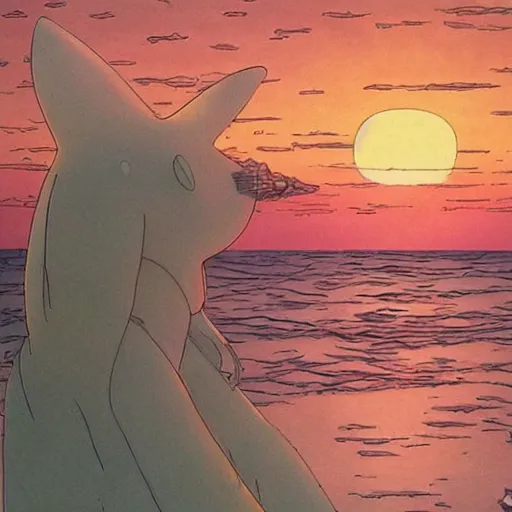 Image similar to a beautiful painting of a gorgeous sunset illuminating a sea of lost souls by moebius and studio ghibli