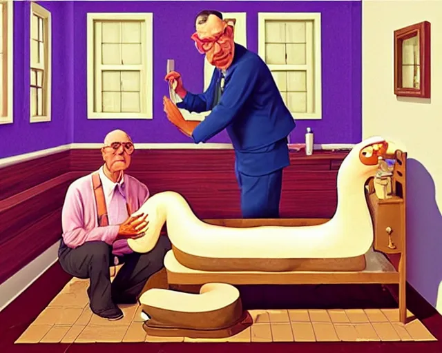 Image similar to the famous snake oil salesman Uncle Aloysius curing a patient of the pink wojacity, painting by Grant Wood, 3D rendering by Beeple, sketch by R. Crumb