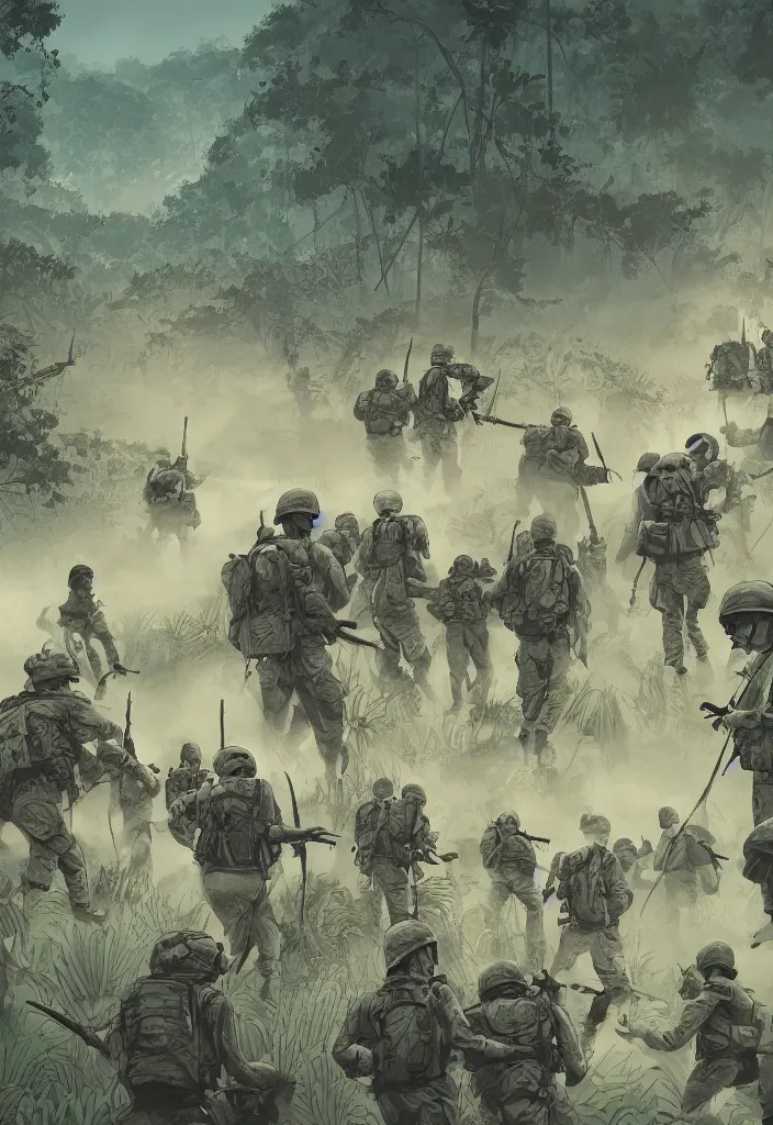 Prompt: handmade illustration of an epic Vietnam war scene with a very small group of american soldiers, the jungle at the background, some smoke and fire, line art, ink, watercolor by Kilian Eng and by Jake Parker, heavy brushstrokes, winning-award masterpiece, fantastic, octane render, 8K HD Resolution, High quality image