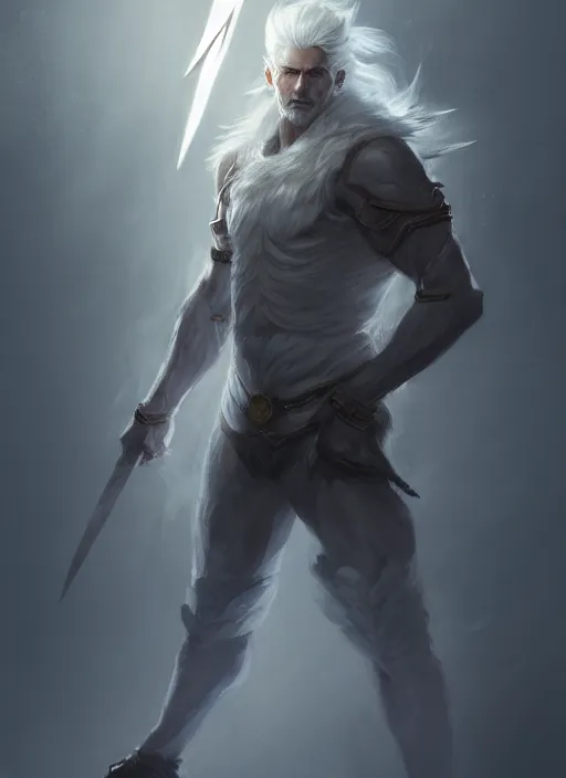 Prompt: Half-body portrait of a tall white haired man who is wielding lightning, wolf god. In style of Hyung-tae Kim and Greg Rutkowski, concept art, trending on ArtStation, Korean MMORPG, over-detailed art, 8K, epic, dynamic lightning, dramatic pose.