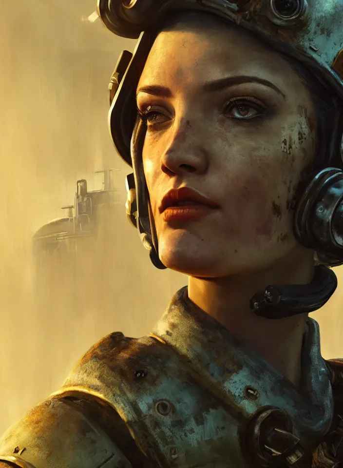 Prompt: a face portrait of a female bandit in fallout 4, scifi setting, fallout environment, drab colors, serene lighting, atmospheric, cinematic, moody, in the style of diego koi, gina heyer, luiz escanuela, art by alyssa monk, hyperrealism, rule of thirds, golden ratio, oil on canvas, 8 k