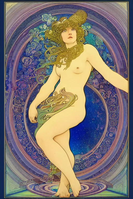 Image similar to beautiful goddess of space and dreams by maxfield parrish and artgerm and alphonse mucha, wide angle, mandala, coherent design, perfect symmetry, vivid colors, digital watercolor ink illustration painting, complementary color, golden ratio, detailed, sharp lines, sharp focus, intricate, rainbowshift, octane render