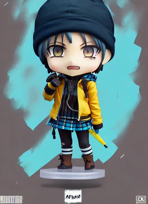 Image similar to nendoroid of a sewer punk lady student, beanie, tartan hoodie, blue eyes, frosty white hair by atey ghailan, by greg rutkowski, by greg tocchini, by james gilleard, by joe fenton, by kaethe butcher, gradient, yellow, black, brown and cyan color scheme, grunge aesthetic!!! white graffiti tag wall background