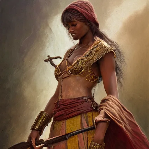 Image similar to artstation concept of a beautiful girl holding a sword in both hands, brown skin, sweaty skin, symmetrical face, casual white garment, brown canyon background, shiny colorful, hyperdetailed, artstation trending, world renowned artists, worth1000.com, historic artworks society, antique renewel, cgsociety, by greg rutkowski, by Gustave Dore, Deviantart