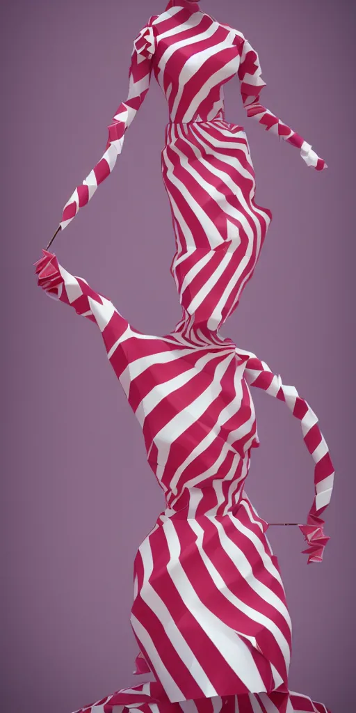 Image similar to anthropomorphic candy woman wearing a flowing paper couture dress striped like a candy cane, paper candy people, paper origami candy, pastel lighting, 3D, very detailed, octane render, trending ArtStation, artgem