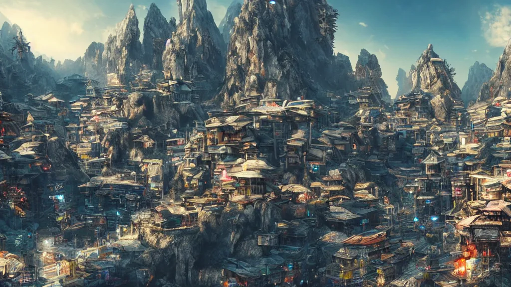 Prompt: small oriental mountainside village in cyberpunk style, fantastical epic, hyperrealistic, highly detailed, 4 k hd