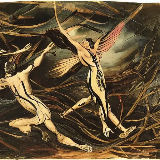 Image similar to by john james audubon, by jackson pollock flowing. a body art of a winged creature, flying high above a group of people in a dark, wooded area. the creature's wings are spread wide & its head is turned upwards, looking towards the sky. people below looking up at creature awe & fear.