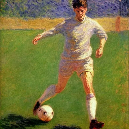Image similar to monet painting of a skinny blonde man tripping over a soccer ball, highly detailed, realistic,
