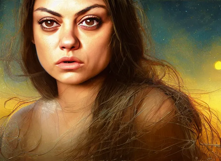 Image similar to big-eyed surprised Mila Kunis staring intensely into the camera, sundown golden hour firefly wisps, Lilia Alvarado, Sophie Anderson, Mark Arian, Bob Byerley, Charlie Bowater, Mark Brooks, Steve Henderson, Justin Gerard, Arthur Hughes, Edward Robert Hughes, Mark Keathley, Victor Nizovtsev, Carlos Shwabe, Ross Tran, WLOP