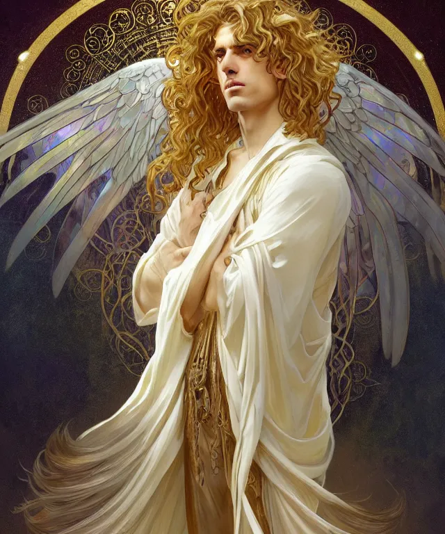 Prompt: fullbody portrait of a beautiful young fit male angel with curly blond hairs, full dressed in long fluent clothes, majestic symmetrical big dove wings, luminous halo, by greg rutkowski and alphonse mucha, gradient white to gold, in front of an iridescent background, highly detailed portrait, digital painting, artstation, concept art, smooth, sharp focus illustration