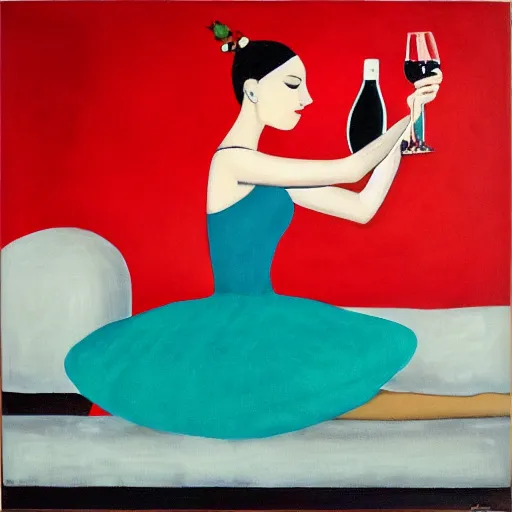 Image similar to square painting of a ballerina drinking wine in a teal room all on a red background