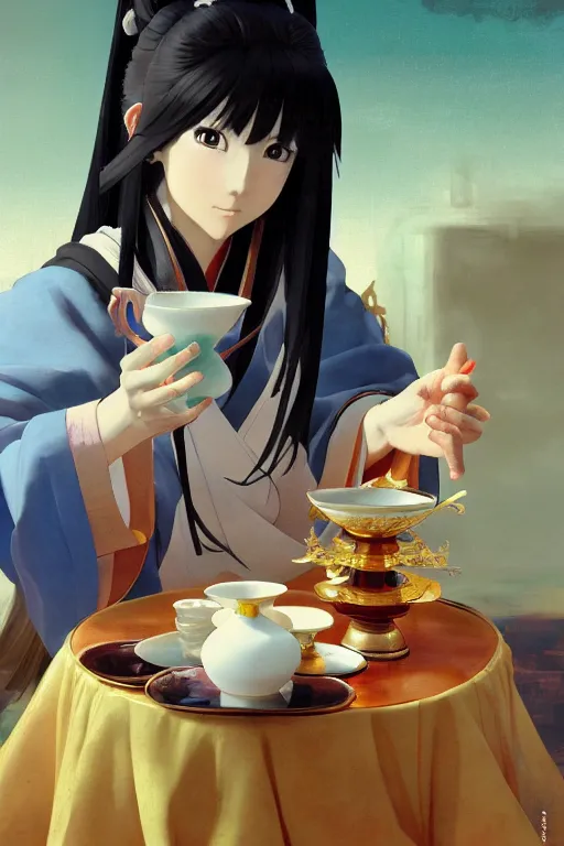 Prompt: baroque oil painting of anime key visual concept art of anime traditional japanese shinto priestess pouring a cup of tea gracefully, sat in seiza position, award winning, trending on artstation, palette knife! and brush strokes, oil on canvas, makoto shinkai greg rutkowski studio ghibli