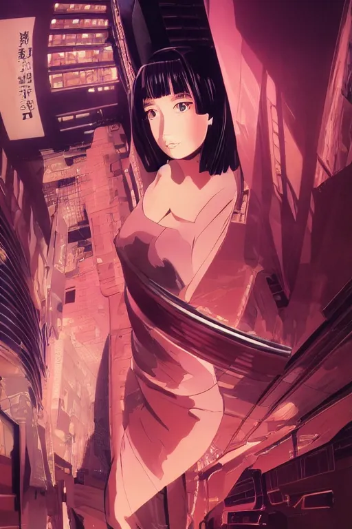 Prompt: Cinestill 800t, 8K, highly detailed, syd mead seinen manga 3/4 extreme closeup portrait, clear eyes, focus on blade runner dress model, tilt shift zaha hadid style anime background: famous syd mead anime remake, pond scene