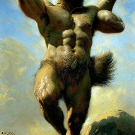 Image similar to a portrait of a furry minotaur, furry body, furry chest, furry arms, furry legs, tail. highly detailed painting by gaston bussiere, craig mullins, j. c. leyendecker, furry