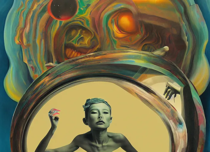 Image similar to a painting of a person looking in a mirror, a surrealist painting by Taro Okamoto, behance contest winner, pop surrealism, surrealist, cosmic horror, biomorphic