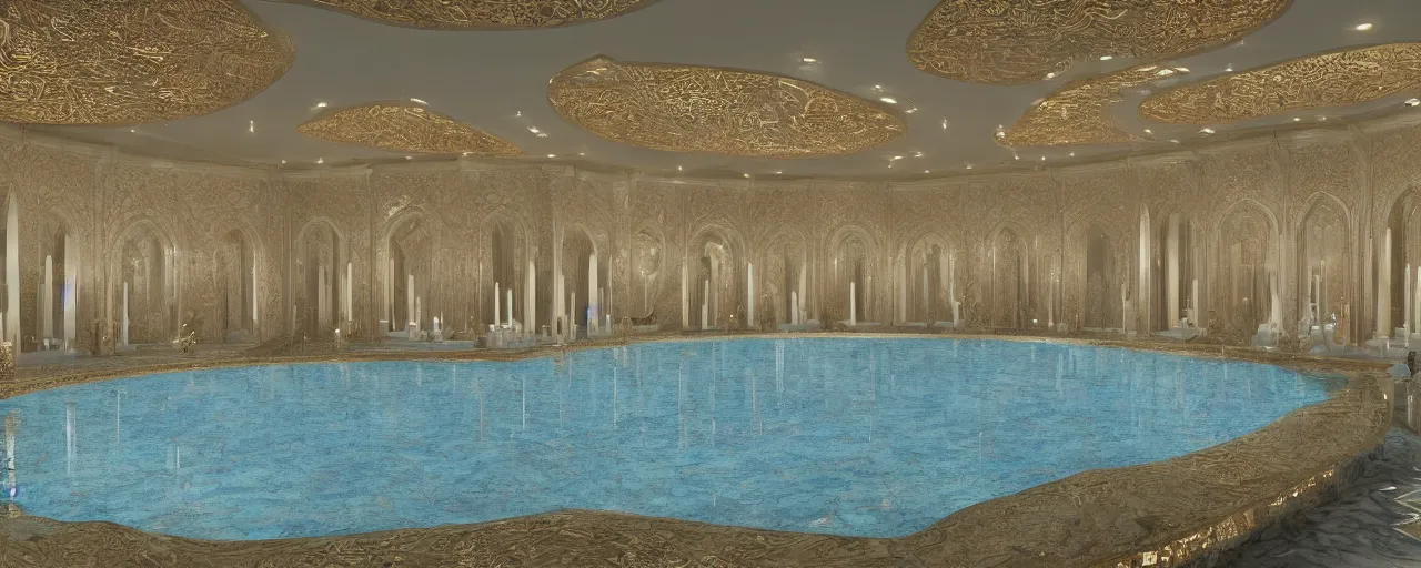 Prompt: interior of a double height luxury spa with everything made of gold, candles, beige marble floor, wellness pool, intricate detailed roof, contemporary design, sacred geometry, 8 k, hyperrealistic, photorealism, windows with view to wadi al disah mountains