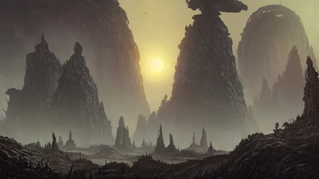 Image similar to eerie atmospheric alien planet with biomechanical plants and the ruins of civilization by les edwards and vincent di fate and anato finnstark, epic cinematic matte painting