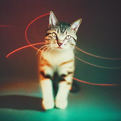 Prompt: Infinite exposure of a cat. Light Painting. Bokeh. Porta 800.