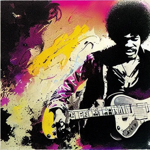 Prompt: Jimy Hendrix playing by Bill Sienkiewicz