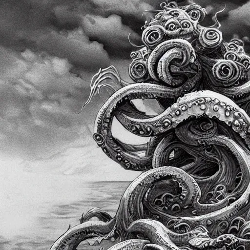 Image similar to kraken devours the ship in the exact style of kentaro miura, 4 k, 8 k, absolute detail of even the smallest details and particles, beautiful shadows, beautiful art, black and white drawing, high rendering of details of faces and characters