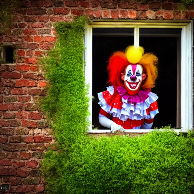 Image similar to looking at a scary clown in the garden from the window, highly detailed, 8 k, hdr, smooth, sharp focus, high resolution, award - winning photo