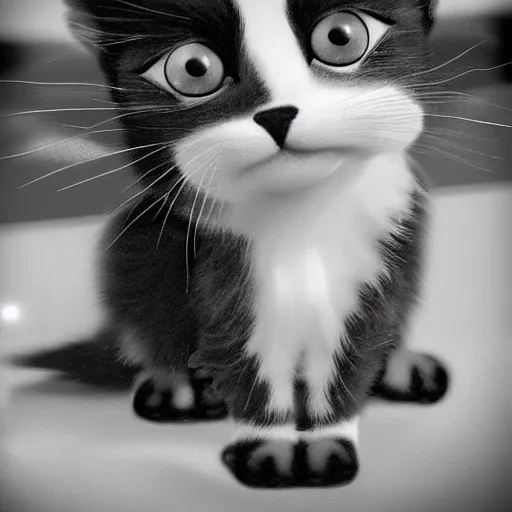 Prompt: black and white cute 50s cartoon kitten
