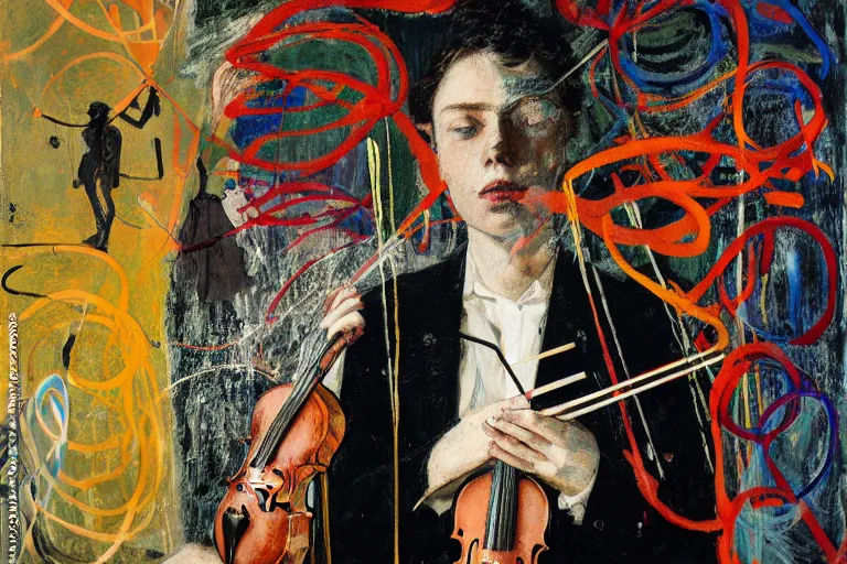 Prompt: portrait of a young violinist focusing with a background of hundreds of violins by vincent lefevre and hernan bas and pat steir and hilma af klint, psychological, symmetrical face, dripping paint, rendered in octane, altermodern, masterpiece