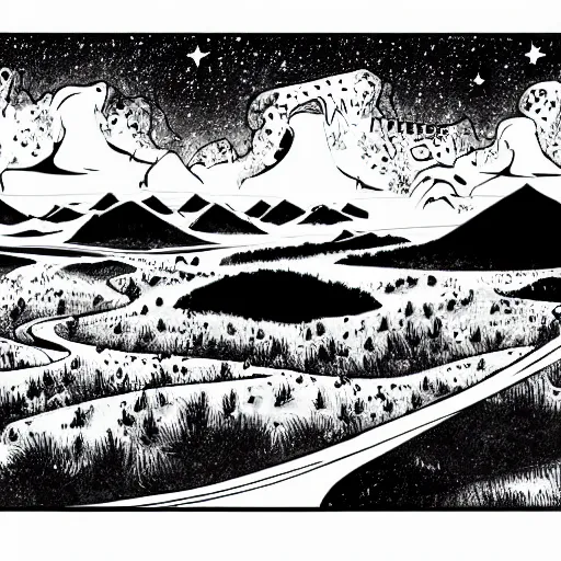 Prompt: black and white comic illustration of a scenic valley with a sky full of galaxies