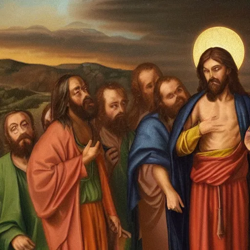 Prompt: jesuschrist disappointed at a group of humans, with a very ashamed look on his face. clear face, very detailed picture.