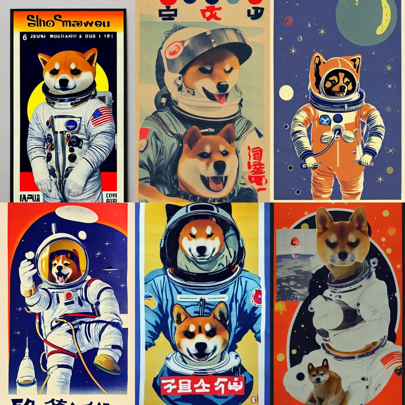 Prompt: Shiba Inu Japanese cosmonaut portrait, Dog spacesuit, 60s poster, 1966 Japanese