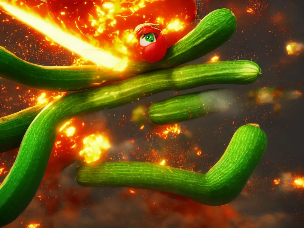 Image similar to detailed 3 d render of a raging zucchini!! character chasing!! down a desperate tomato!, high speed action, explosions, dramatic scene, hyper realistic octane render, cinematic lighting, deviantart, black sky, lowbrow, frame from pixar movie